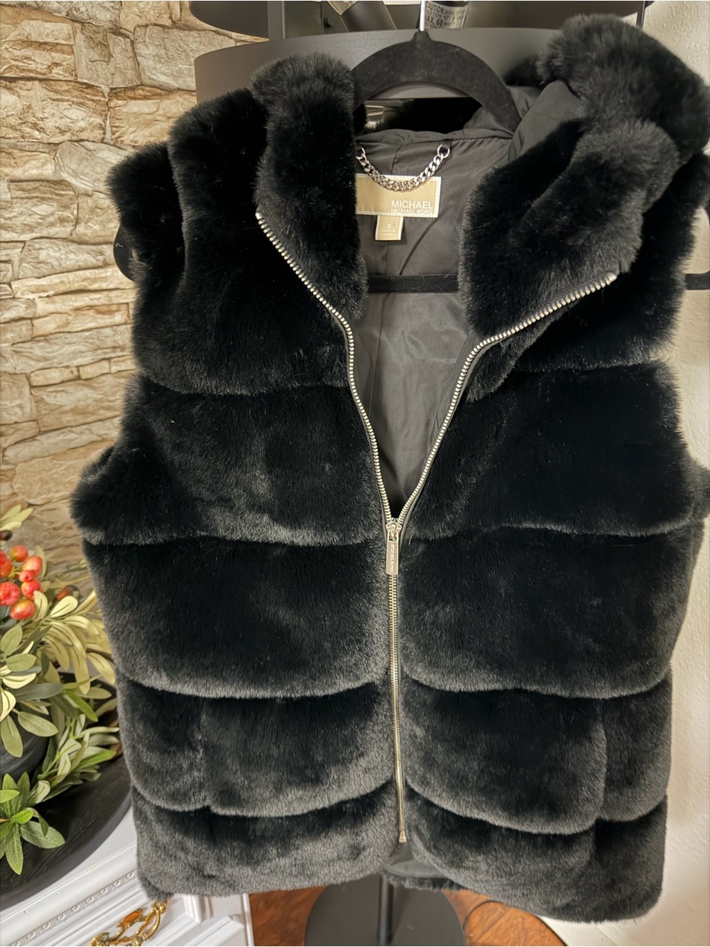 Michael Kors Black Faux Fur Hooded Puffer Vest